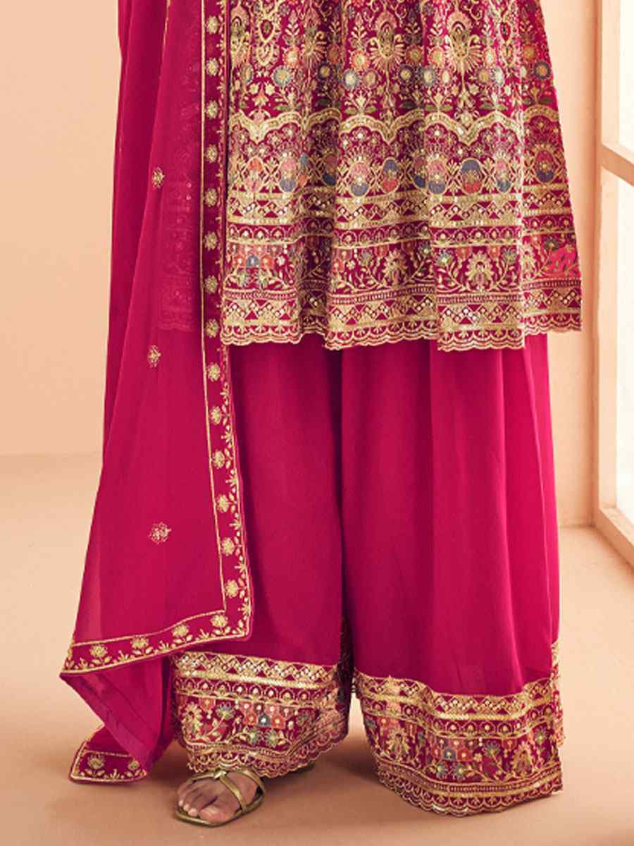 Pink Real Georgette Embroidered Party Wedding Ready Palazzo Pant Salwar Kameez