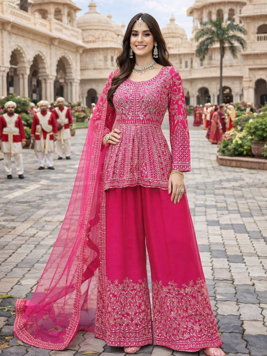 Pink Real Premium Chinon Embroidery Wedding Party Festival Casual Ready Palazzo Pant Salwar Kameez