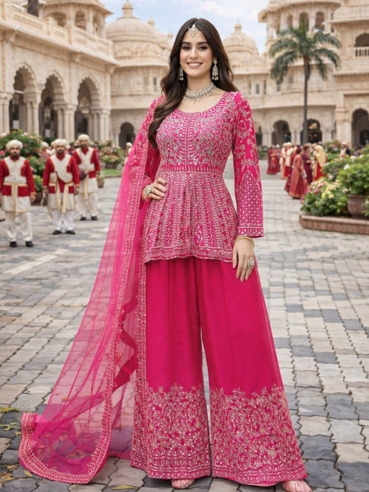 Image of Pink Real Premium Chinon Embroidery Wedding Party Festival Casual Ready Palazzo Pant Salwar Kameez