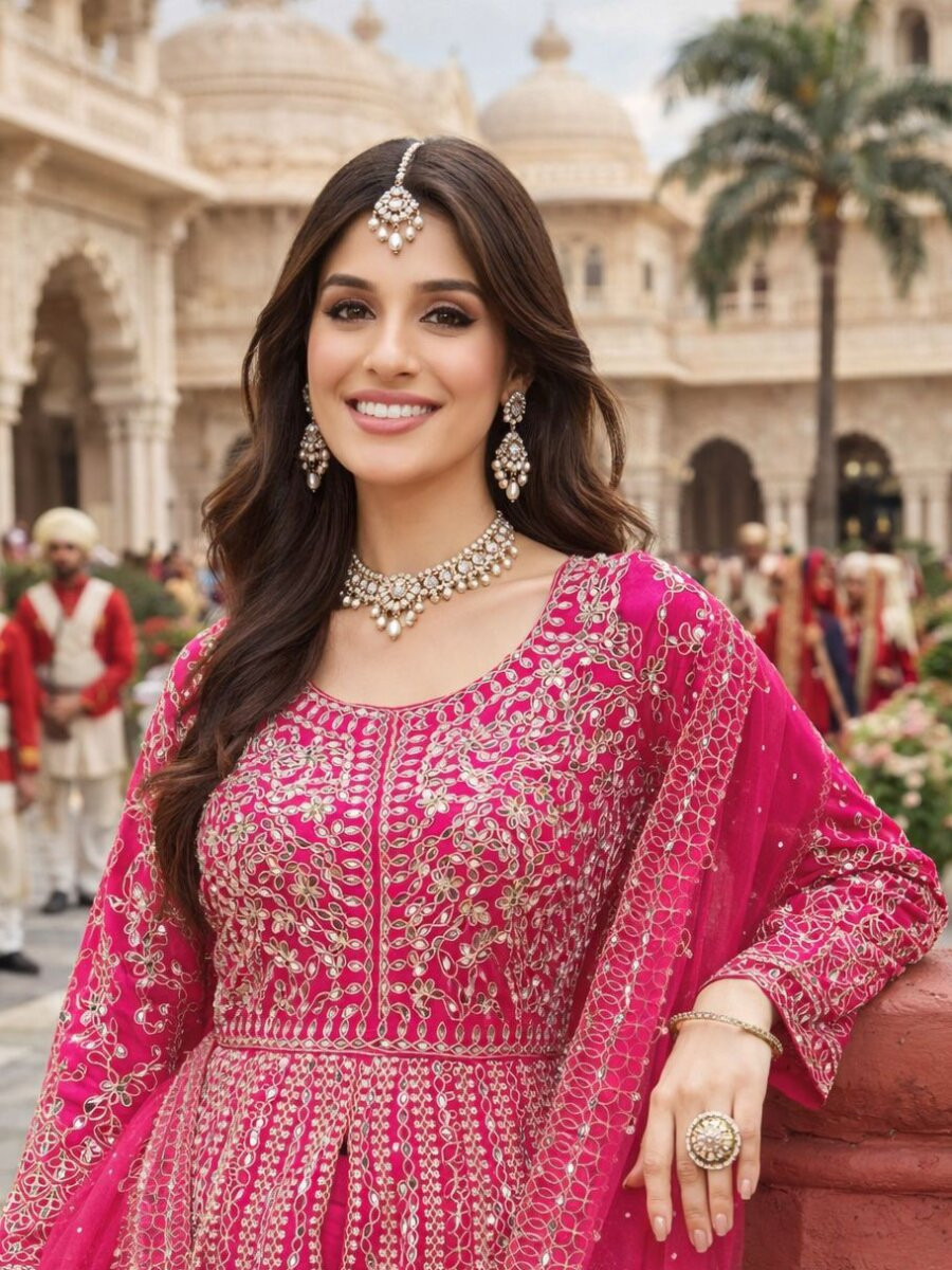 Pink Real Premium Chinon Embroidery Wedding Party Festival Casual Ready Palazzo Pant Salwar Kameez