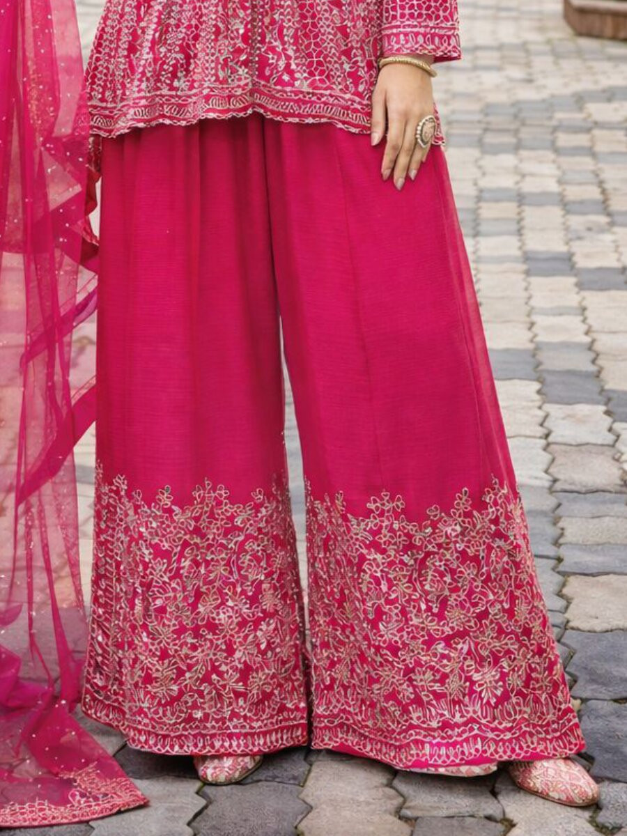 Pink Real Premium Chinon Embroidery Wedding Party Festival Casual Ready Palazzo Pant Salwar Kameez