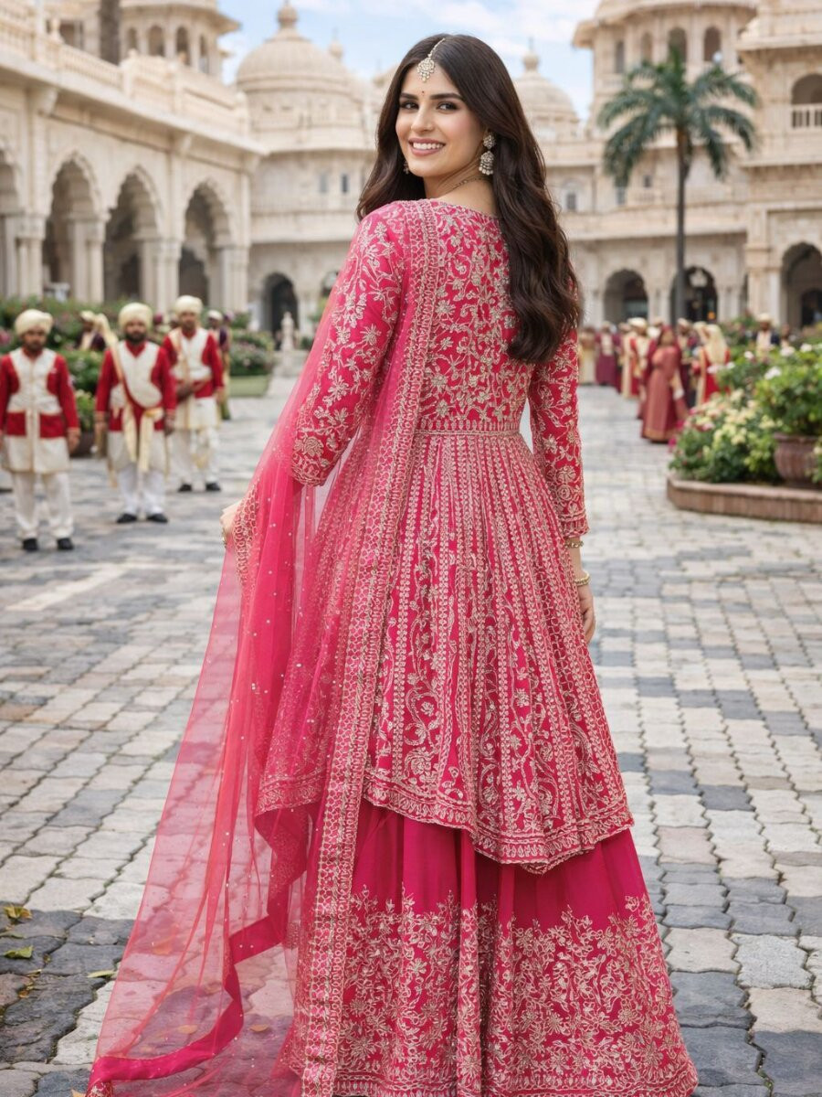 Pink Real Premium Chinon Embroidery Wedding Party Festival Casual Ready Palazzo Pant Salwar Kameez