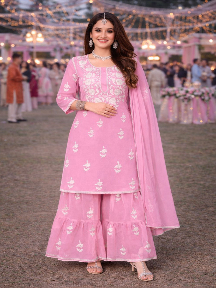 Pink Real Premium Georgette Embroidery Party Wedding Festival Casual Ready Palazzo Pant Salwar Kameez