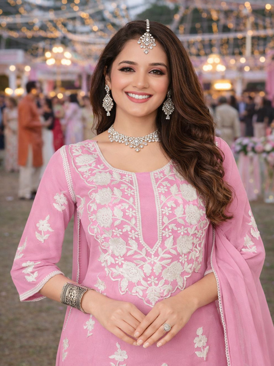 Pink Real Premium Georgette Embroidery Party Wedding Festival Casual Ready Palazzo Pant Salwar Kameez