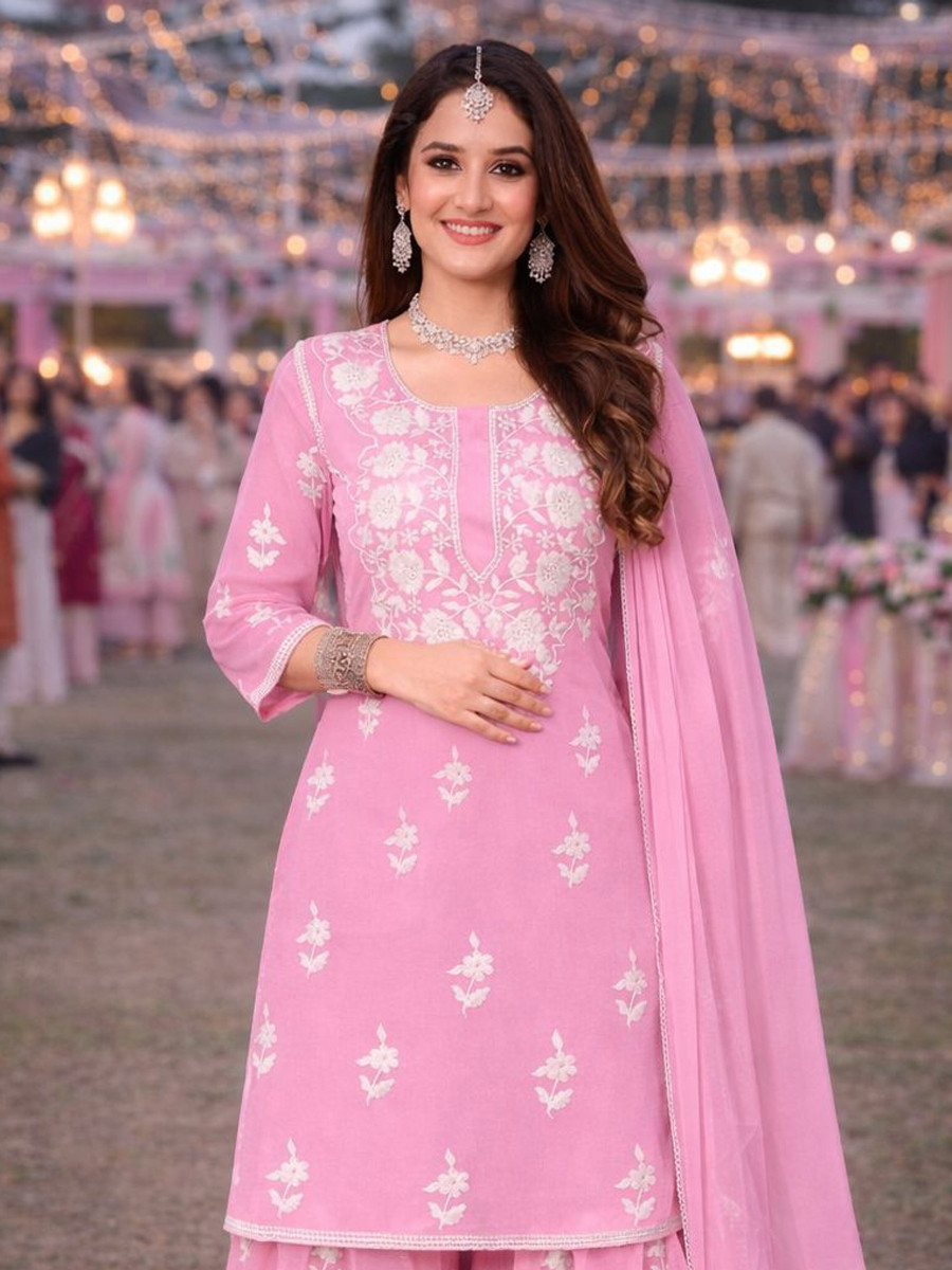 Pink Real Premium Georgette Embroidery Party Wedding Festival Casual Ready Palazzo Pant Salwar Kameez