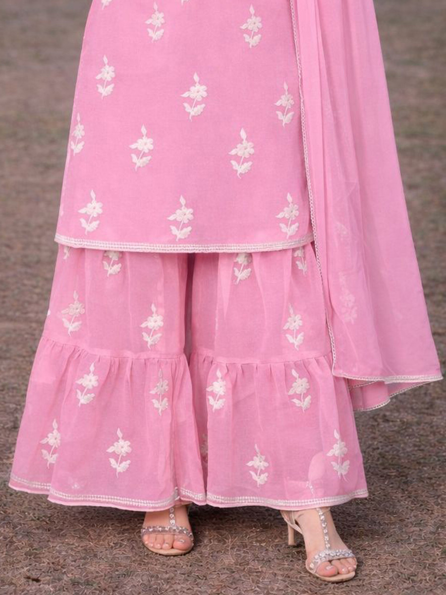 Pink Real Premium Georgette Embroidery Party Wedding Festival Casual Ready Palazzo Pant Salwar Kameez
