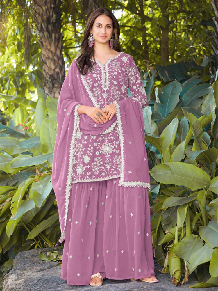 Image of Pink Real Premium Georgette Embroidery Party Wedding Festival Casual Ready Palazzo Pant Salwar Kameez