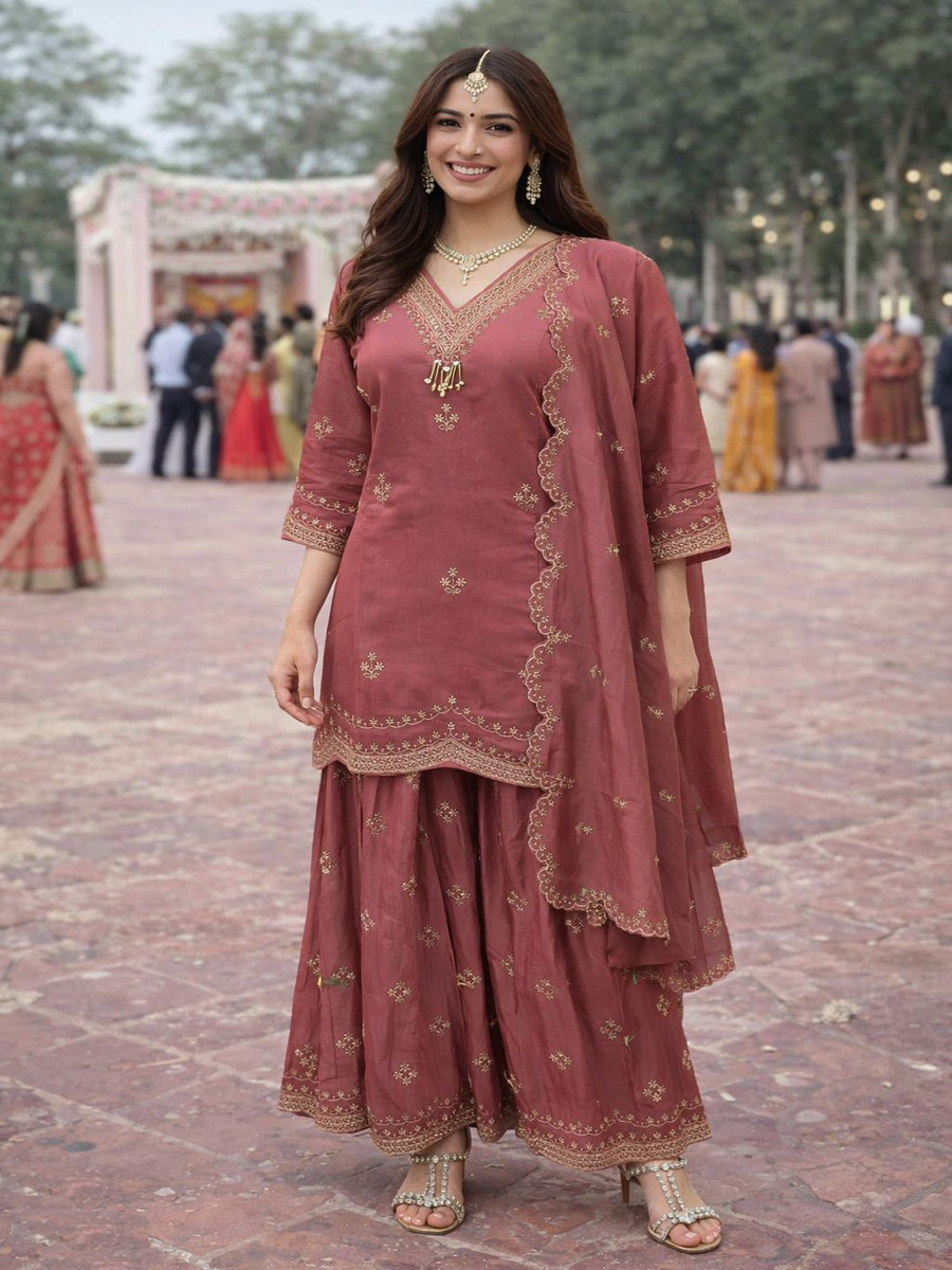 Pink Real Premium Roman Silk Embroidery Sequins Wedding Party Festival Casual Ready Palazzo Pant Salwar Kameez