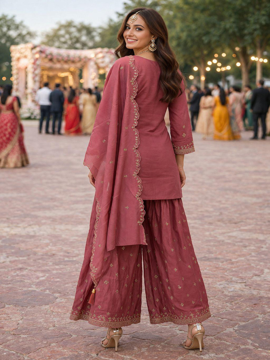 Pink Real Premium Roman Silk Embroidery Sequins Wedding Party Festival Casual Ready Palazzo Pant Salwar Kameez