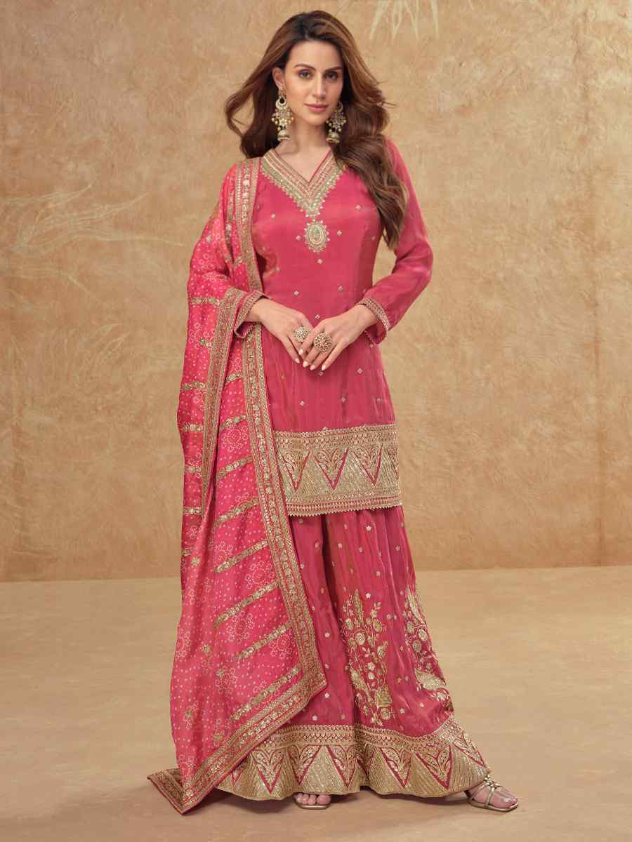 Pink Real Simar Silk Embroidered Festival Casual Sharara Salwar Kameez