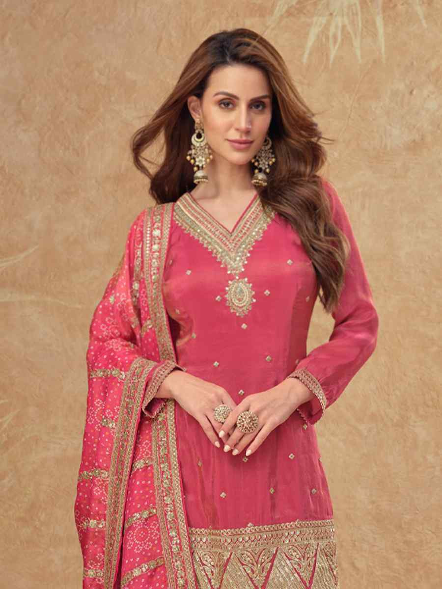 Pink Real Simar Silk Embroidered Festival Casual Sharara Salwar Kameez