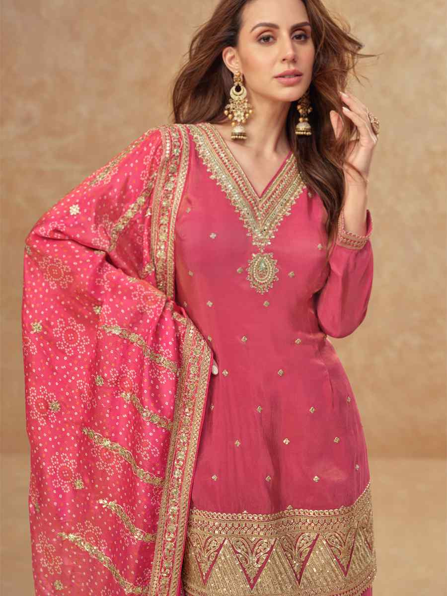 Pink Real Simar Silk Embroidered Festival Casual Sharara Salwar Kameez