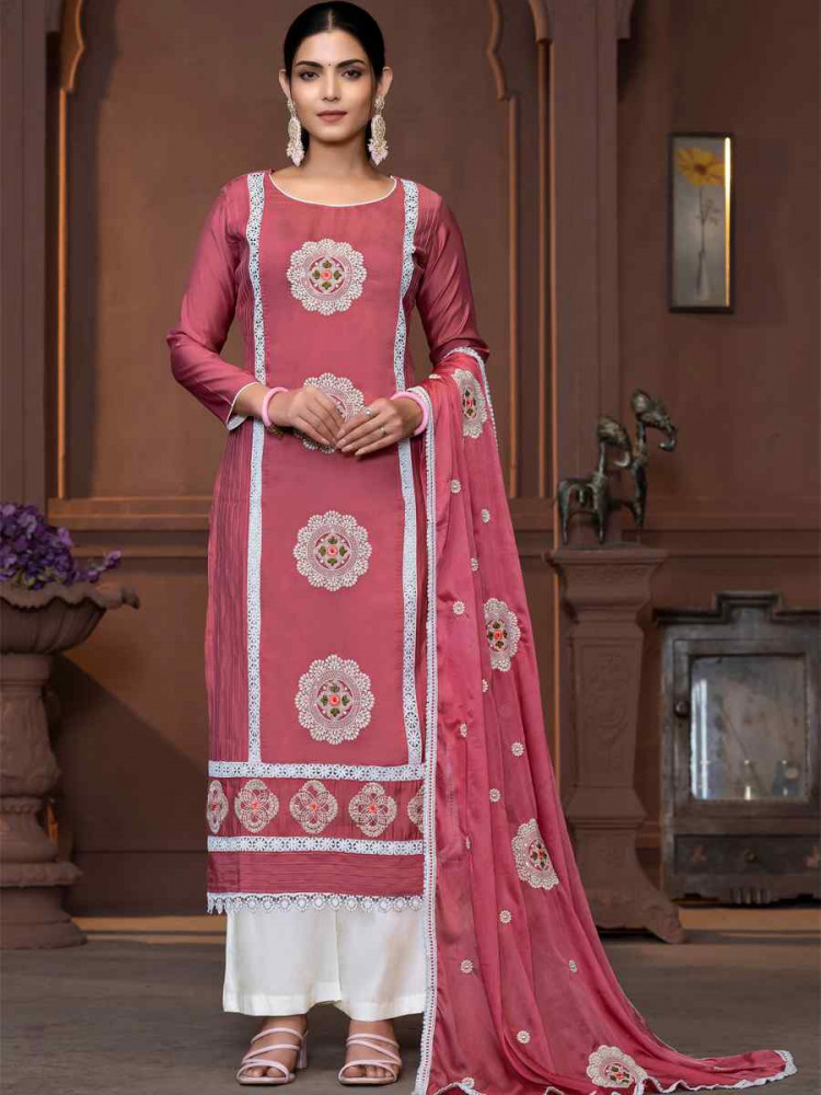 Pink Roman Silk Embroidered Casual Festival Pant Salwar Kameez