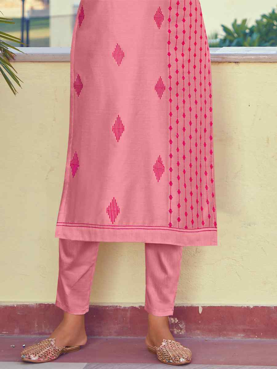 Pink Roman Silk Embroidered Festival Casual Kurti With Bottom