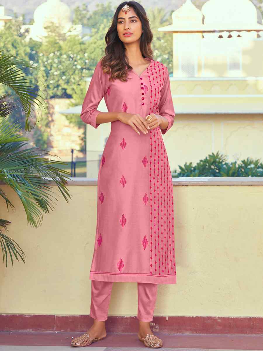 Pink Roman Silk Embroidered Festival Casual Kurti With Bottom