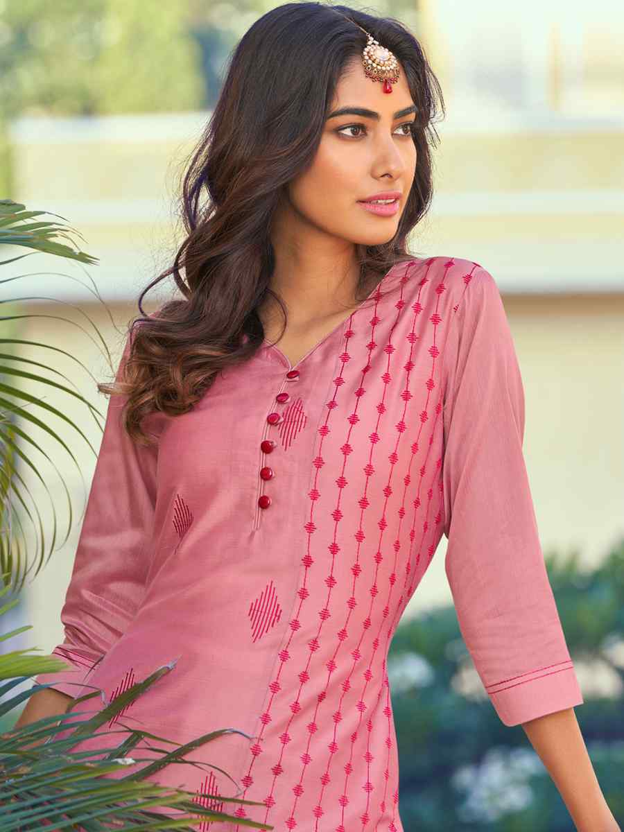 Pink Roman Silk Embroidered Festival Casual Kurti With Bottom