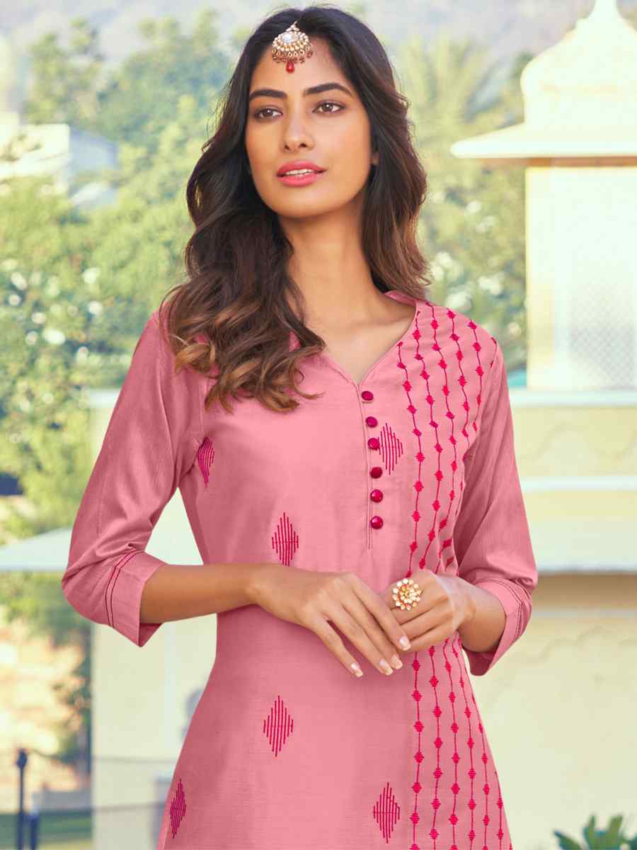 Pink Roman Silk Embroidered Festival Casual Kurti With Bottom