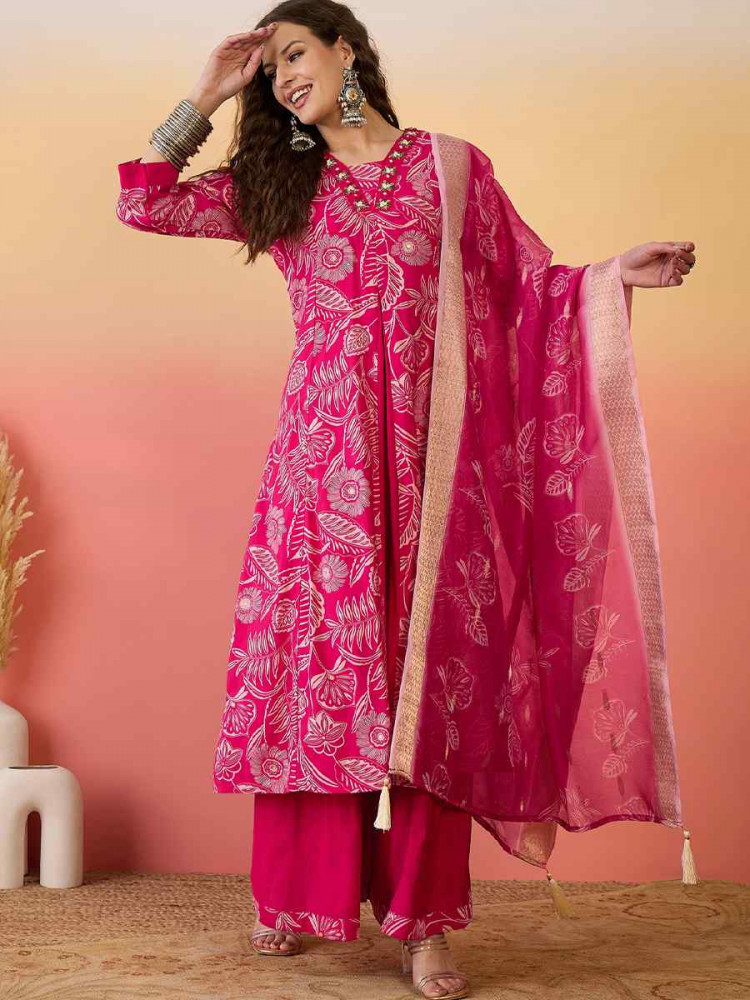 Pink Roman Silk Embroidered Festival Casual Ready Palazzo Pant Salwar Kameez