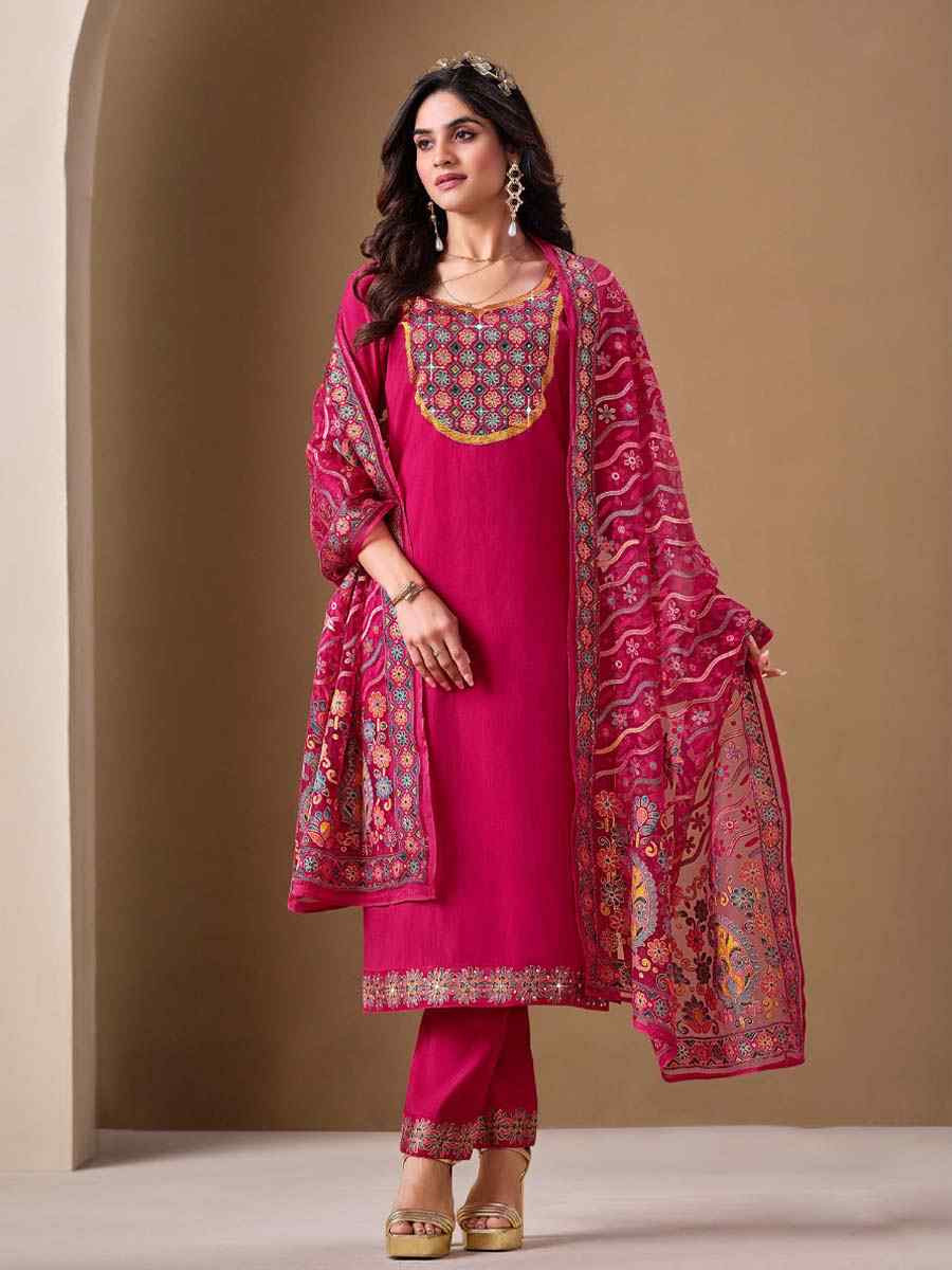 Pink Roman Silk Embroidered Festival Mehendi Ready Pant Salwar Kameez