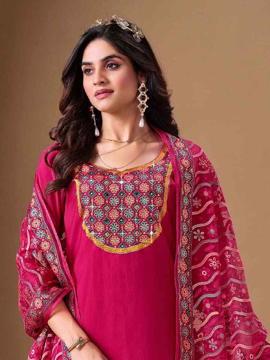 Pink Roman Silk Embroidered Festival Mehendi Ready Pant Salwar Kameez