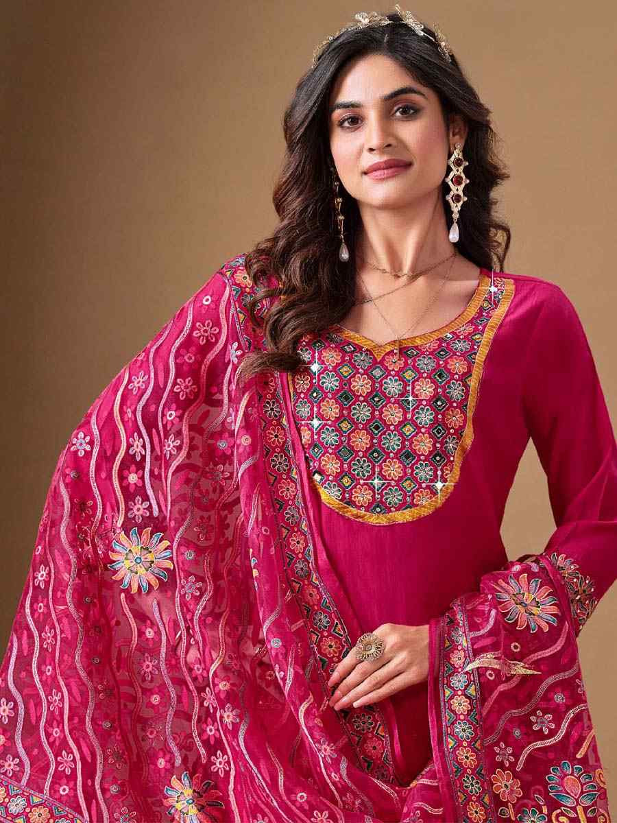 Pink Roman Silk Embroidered Festival Mehendi Ready Pant Salwar Kameez