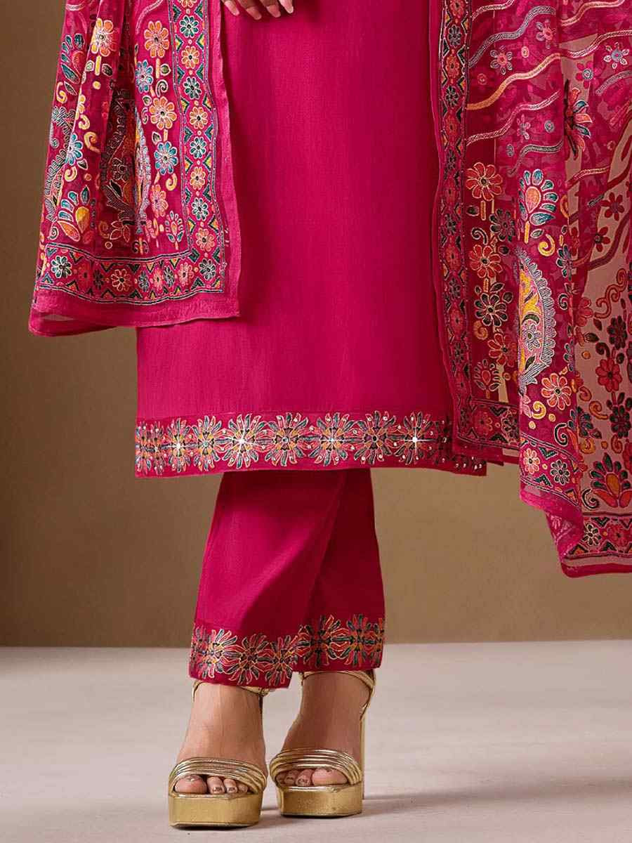 Pink Roman Silk Embroidered Festival Mehendi Ready Pant Salwar Kameez