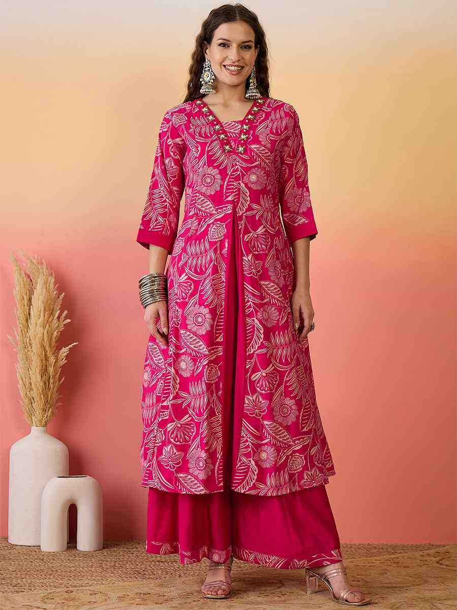 Pink Roman Silk Embroidered Party Wedding Ready A-Line Salwar Kameez