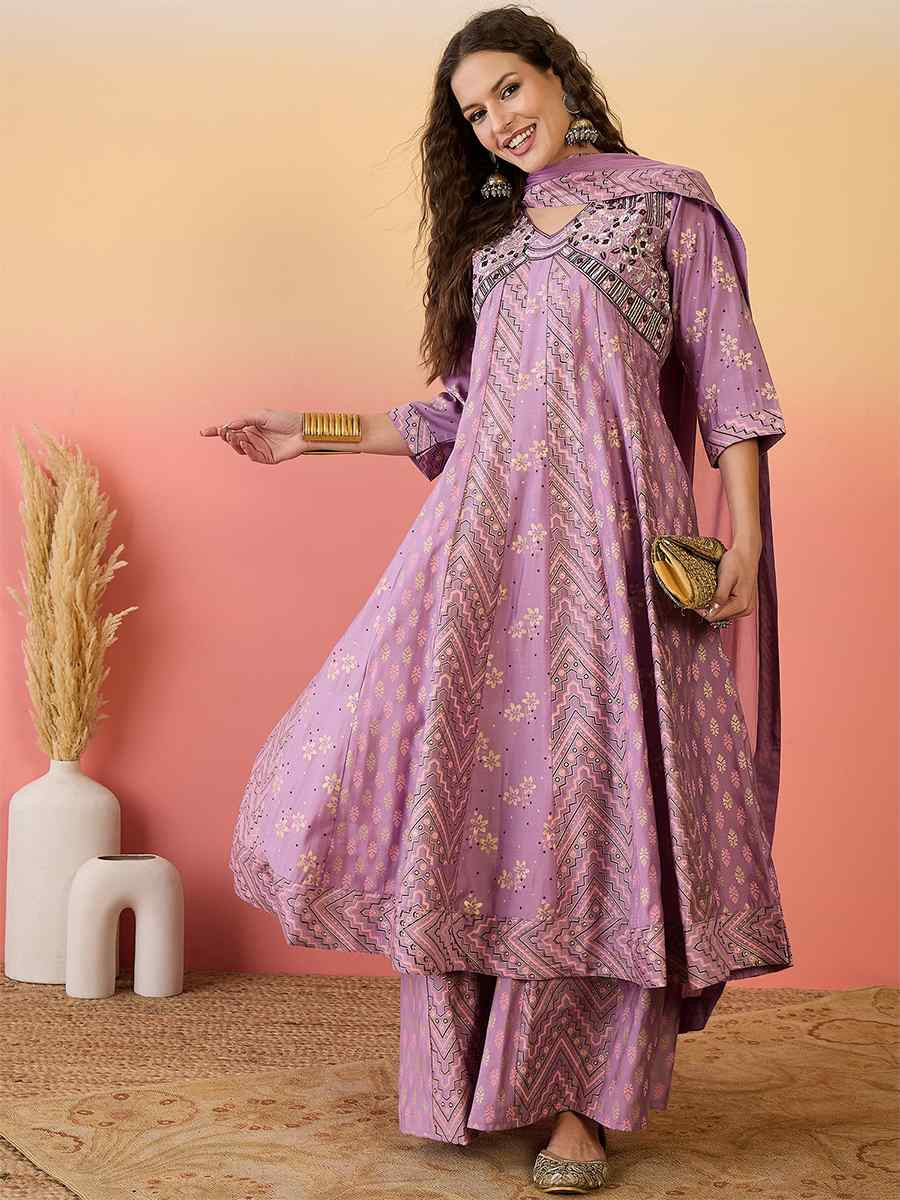Pink Roman Silk Embroidered Party Wedding Ready A-Line Salwar Kameez