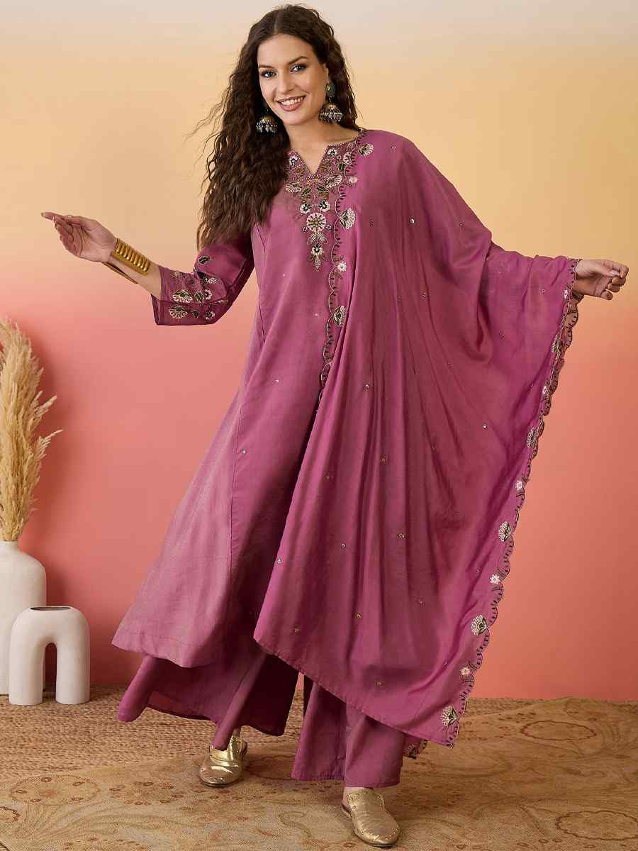 Pink Roman Silk Embroidered Party Wedding Ready Palazzo Pant Salwar Kameez