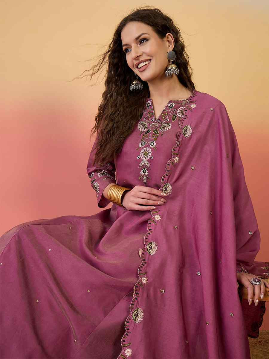 Pink Roman Silk Embroidered Party Wedding Ready Palazzo Pant Salwar Kameez