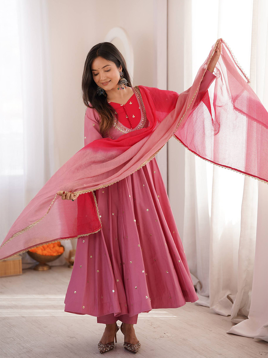 Pink Roman Silk Embroidery Sequins Wedding Party Festival Casual Ready Anarkali Pant Salwar Kameez
