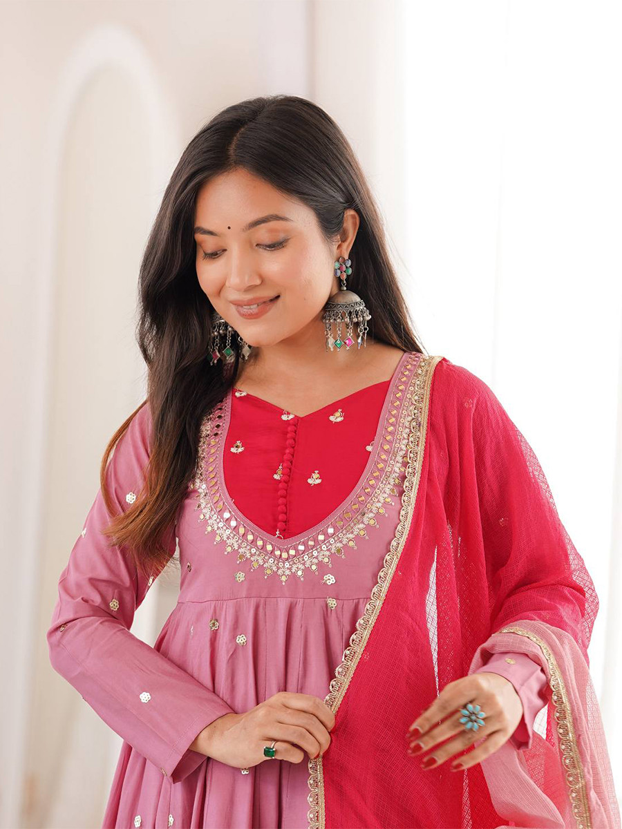 Pink Roman Silk Embroidery Sequins Wedding Party Festival Casual Ready Anarkali Pant Salwar Kameez