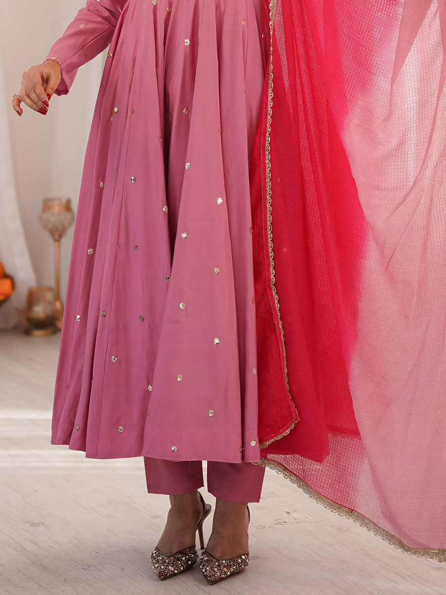 Pink Roman Silk Embroidery Sequins Wedding Party Festival Casual Ready Anarkali Pant Salwar Kameez