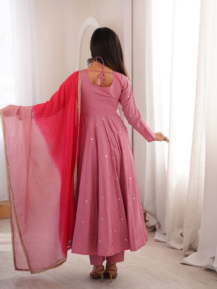 Pink Roman Silk Embroidery Sequins Wedding Party Festival Casual Ready Anarkali Pant Salwar Kameez