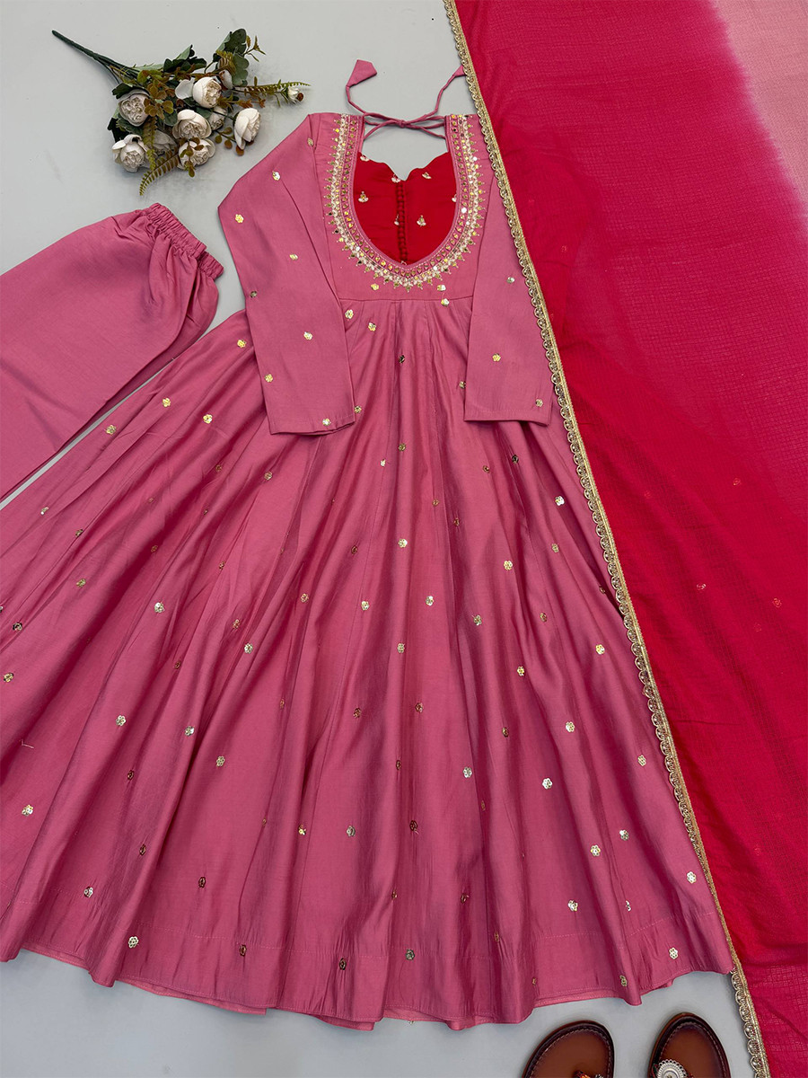 Pink Roman Silk Embroidery Sequins Wedding Party Festival Casual Ready Anarkali Pant Salwar Kameez