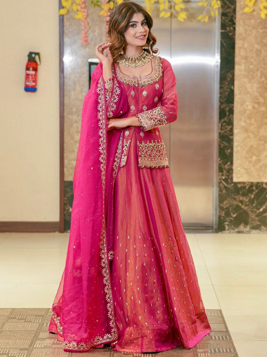 Pink Roman Silk Embroidery Sequins Wedding Reception Party Festival Kurti Lehenga Choli