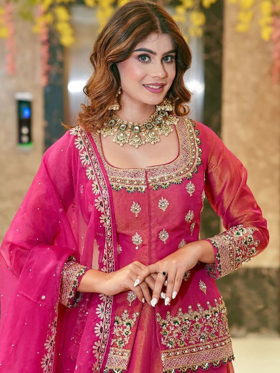 Pink Roman Silk Embroidery Sequins Wedding Reception Party Festival Kurti Lehenga Choli