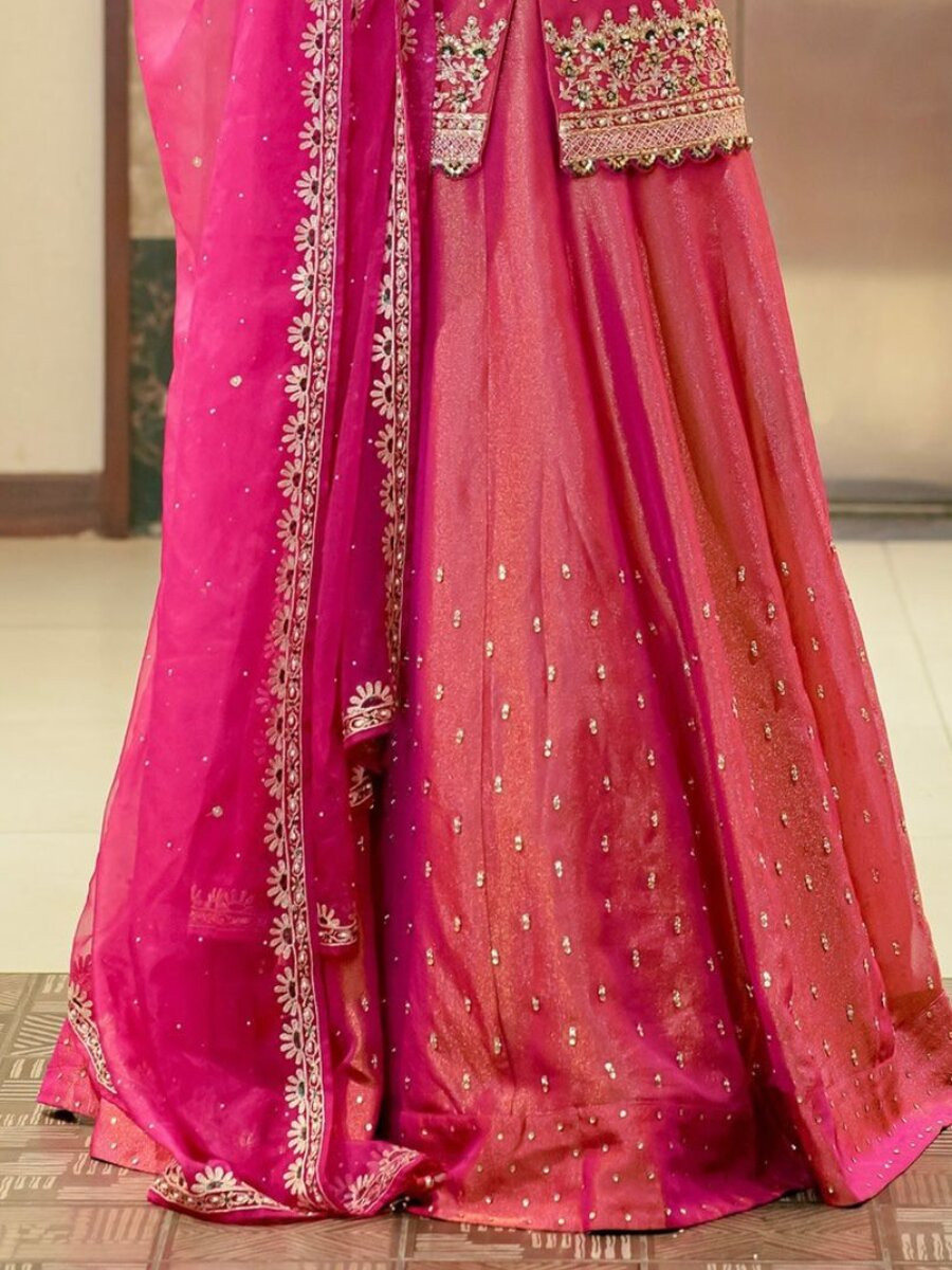 Pink Roman Silk Embroidery Sequins Wedding Reception Party Festival Kurti Lehenga Choli