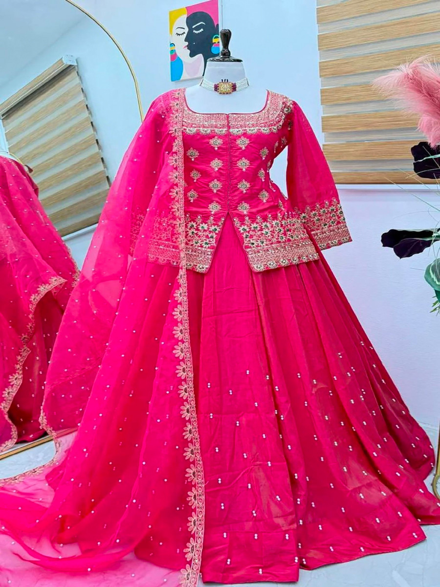 Pink Roman Silk Embroidery Sequins Wedding Reception Party Festival Kurti Lehenga Choli