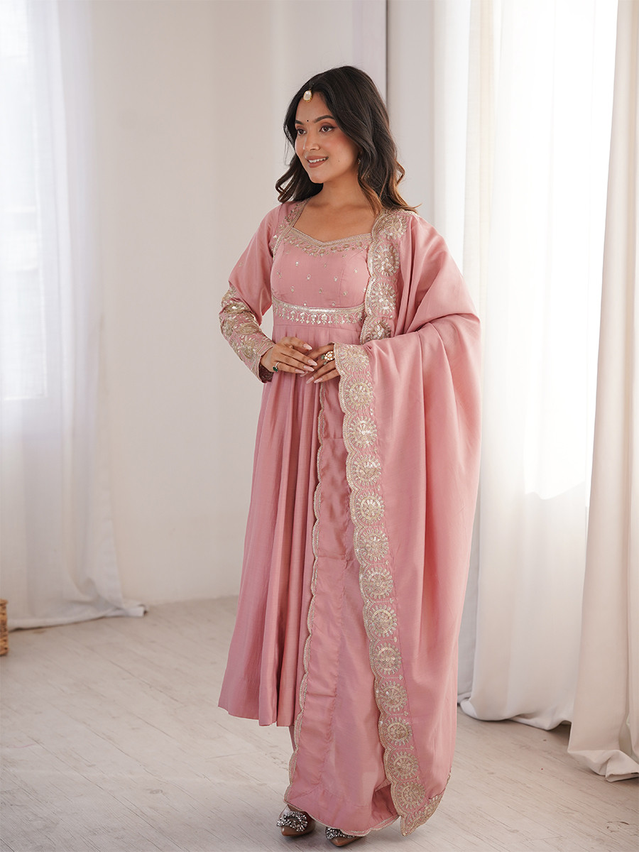 Pink Roman Silk Embroidery Sequins Zari Wedding Party Festival Casual Ready Anarkali Pant Salwar Kameez