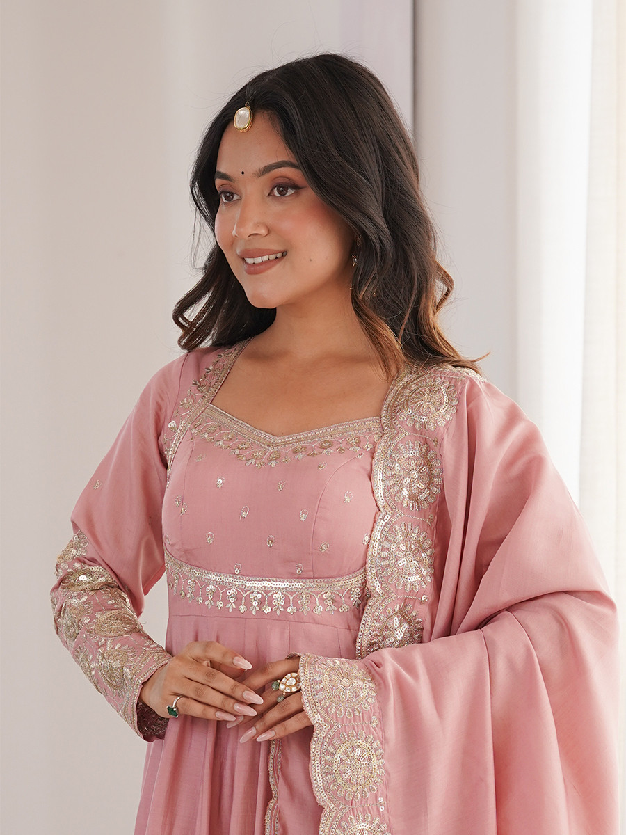 Pink Roman Silk Embroidery Sequins Zari Wedding Party Festival Casual Ready Anarkali Pant Salwar Kameez