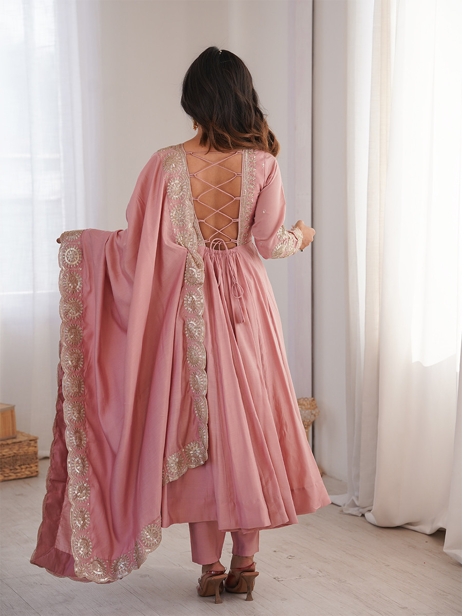 Pink Roman Silk Embroidery Sequins Zari Wedding Party Festival Casual Ready Anarkali Pant Salwar Kameez