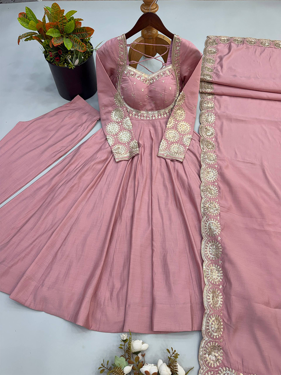 Pink Roman Silk Embroidery Sequins Zari Wedding Party Festival Casual Ready Anarkali Pant Salwar Kameez