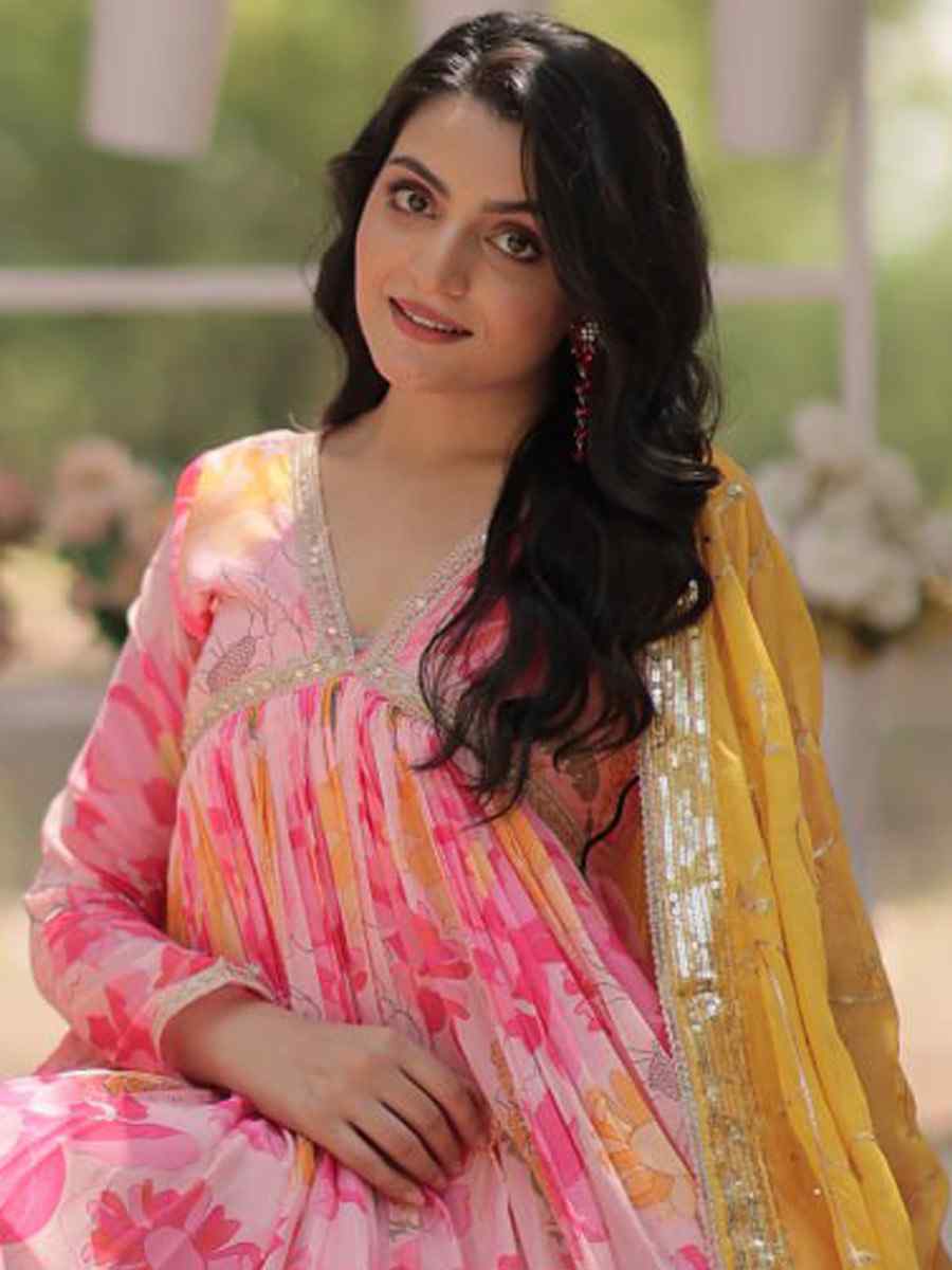 Pink Russian Silk Embroidered Festival Casual Gown