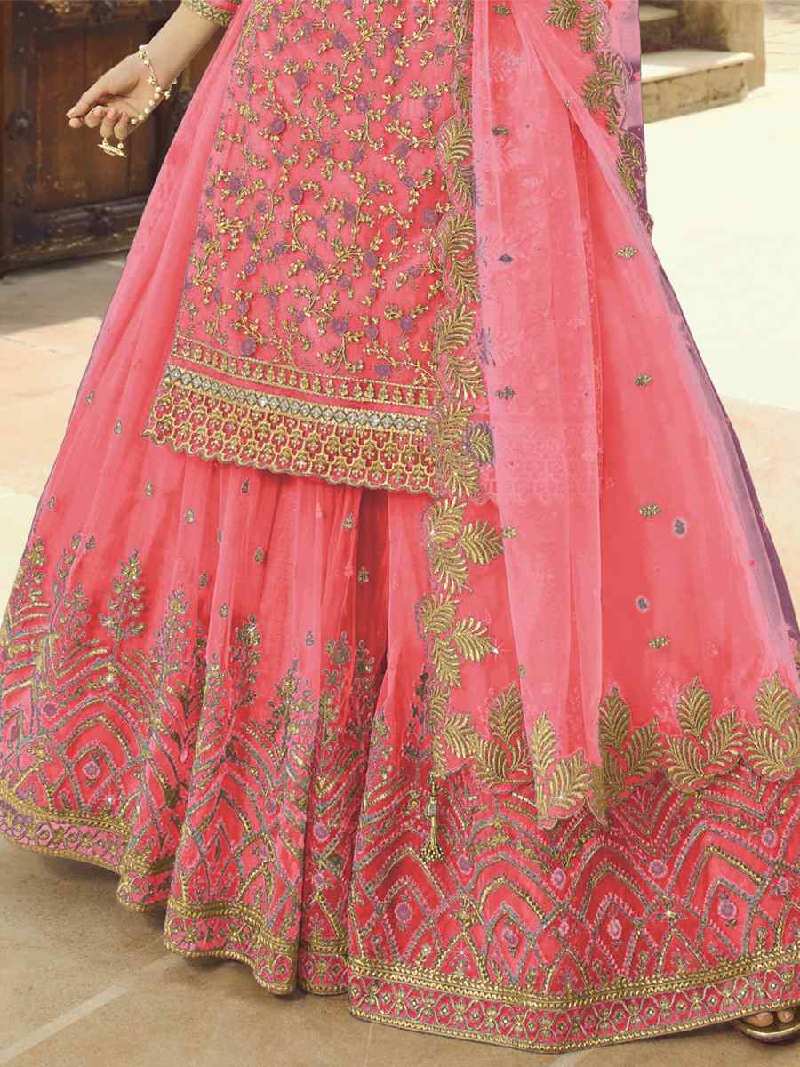 Pink Santoon Embroidered Bridesmaid Reception Kurti Lehenga Choli