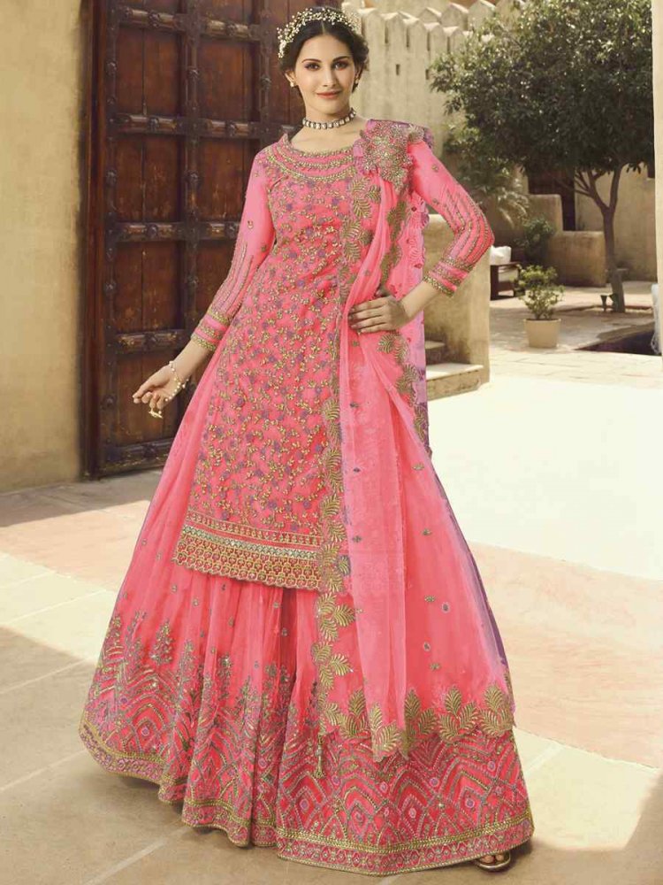 Pink Santoon Embroidered Bridesmaid Reception Kurti Lehenga Choli