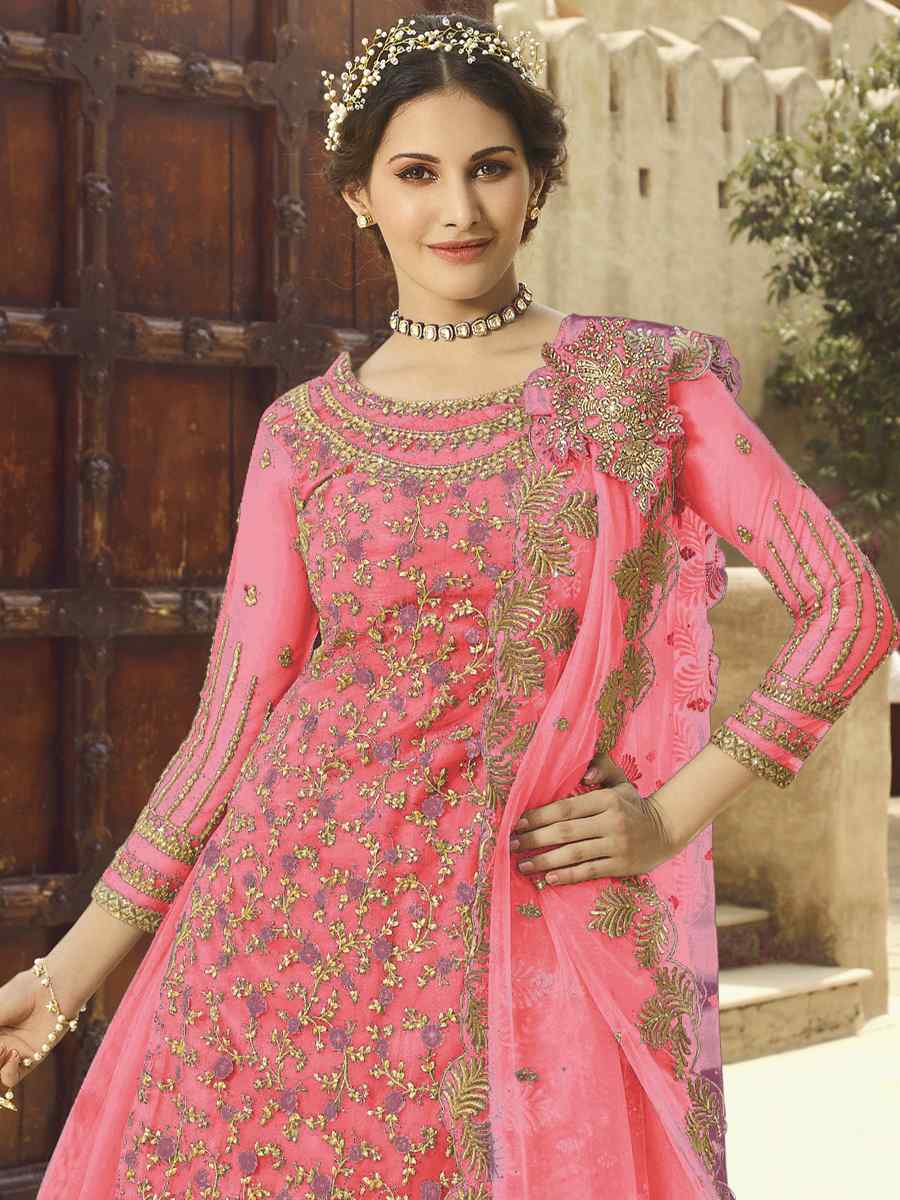 Pink Santoon Embroidered Bridesmaid Reception Kurti Lehenga Choli