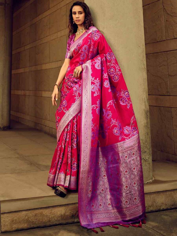 Pink Satin Brasso Silk Handwoven Wedding Festival Heavy Border Saree