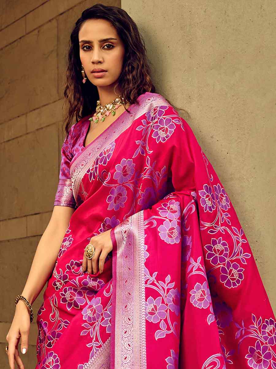 Pink Satin Brasso Silk Handwoven Wedding Festival Heavy Border Saree