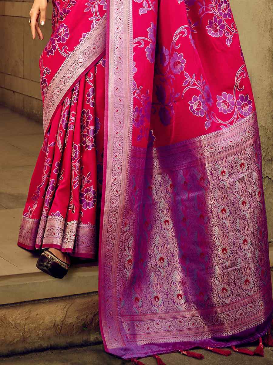 Pink Satin Brasso Silk Handwoven Wedding Festival Heavy Border Saree